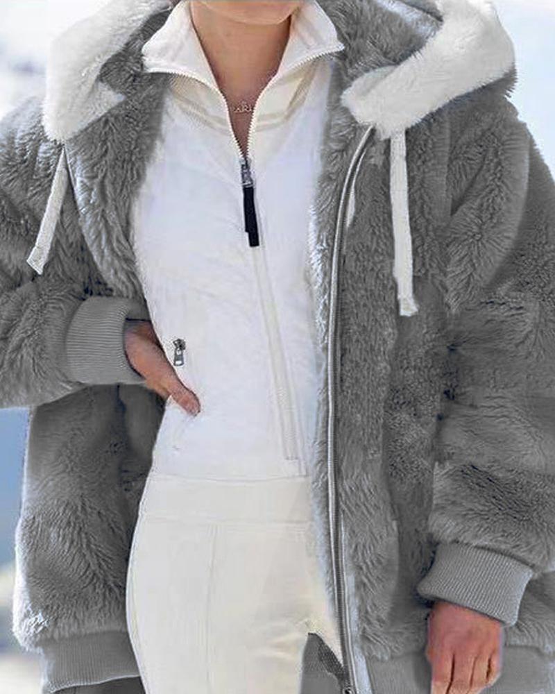 

Long Sleeve Fuzzy Hooded Zip Up Teddy Coat, Dark grey