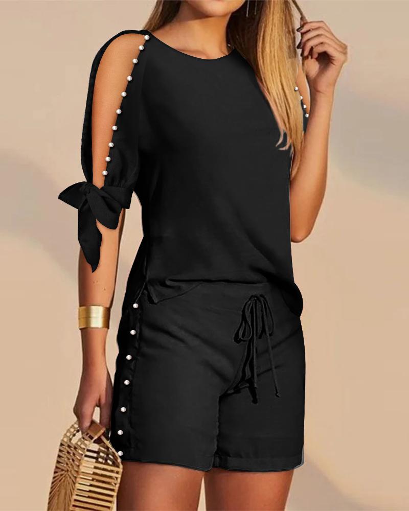 

Pearls Decor Split Sleeve Top & Drawstring Shorts Set, Black