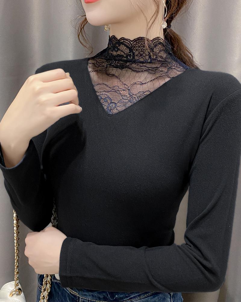 

Contrast Lace Warm Fleece Lined Long Sleeve Top, Black