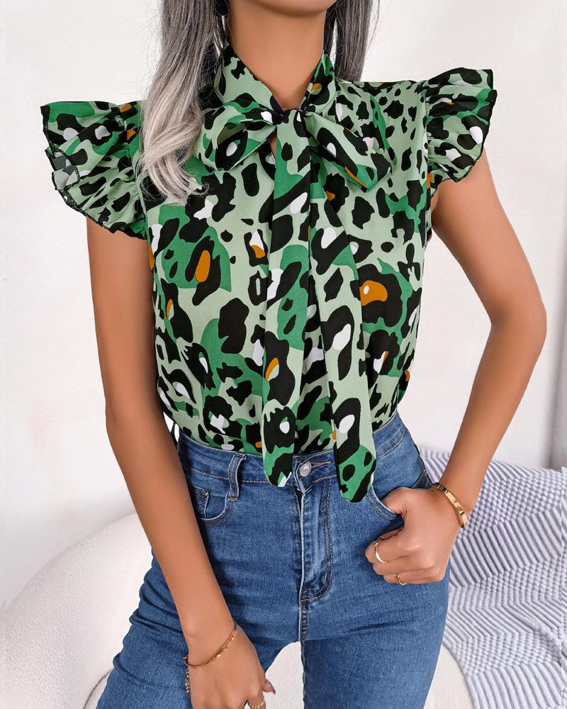 

Leopard Print Tie Neck Flutter Sleeve Top, Green