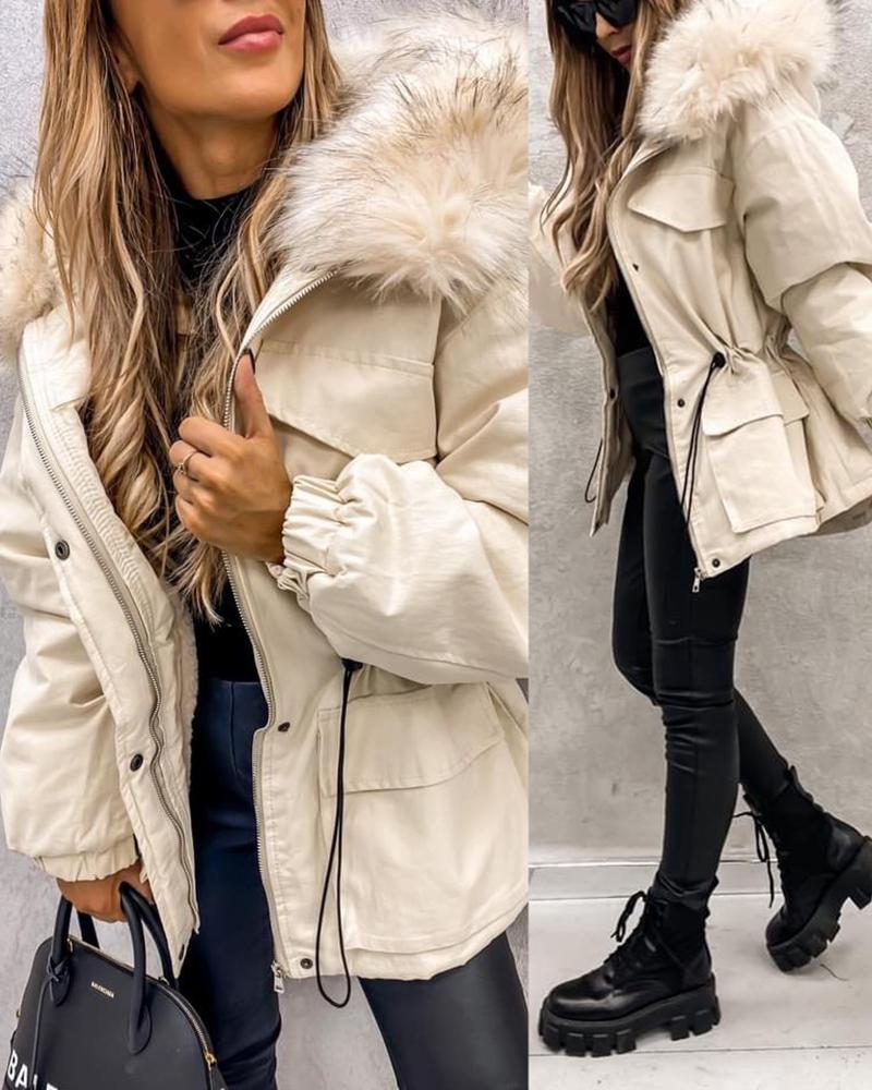 

Women's Parka Casual Winter Long Coat Zipper Design Drawstring Lined Faux Fur Collar Jacket, Beige