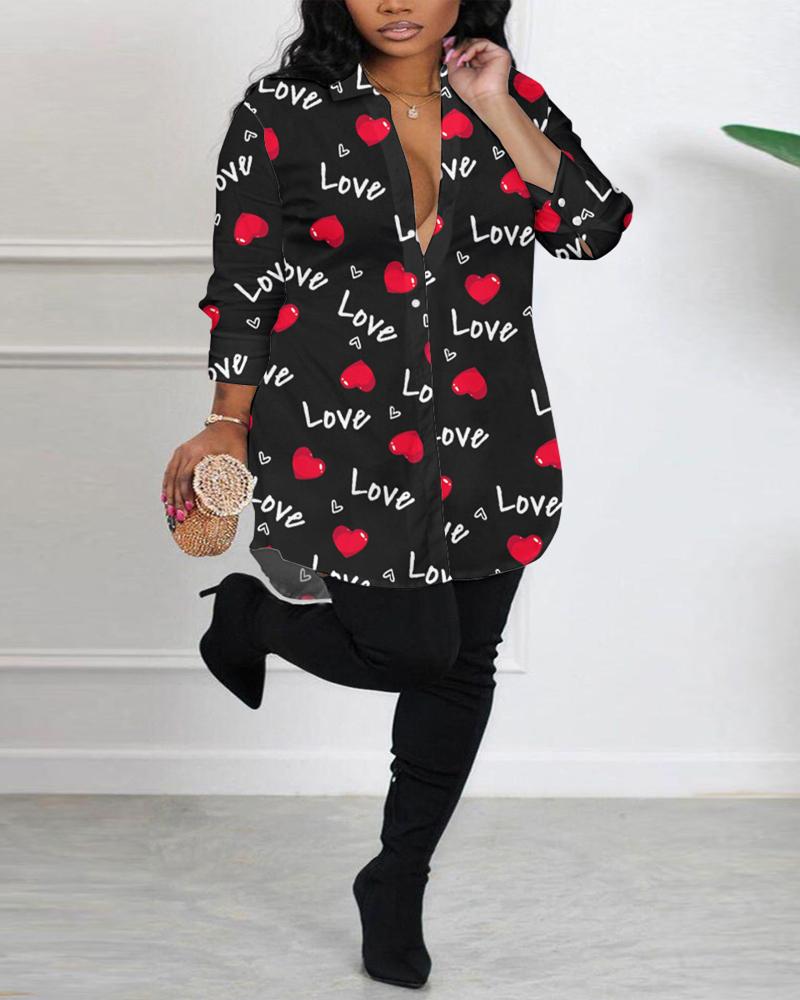 

Plus Size Valentine's Day Letter Heart Print Shirt Dress, Black