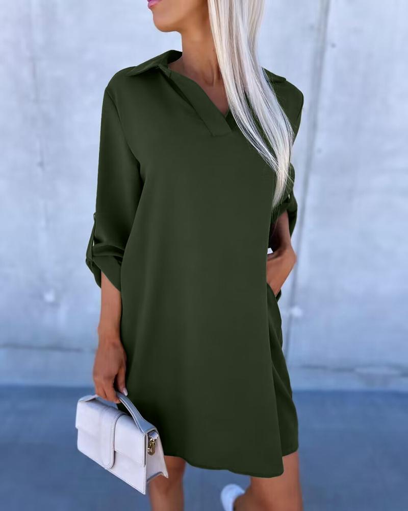 

Roll Up Sleeve Casual Shirt Dress, Green