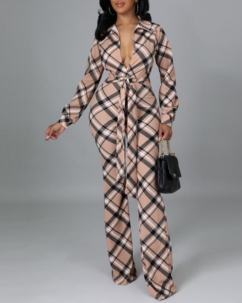 

Plaid Print Tied Detail Long Sleeve Jumpsuit, Khaki