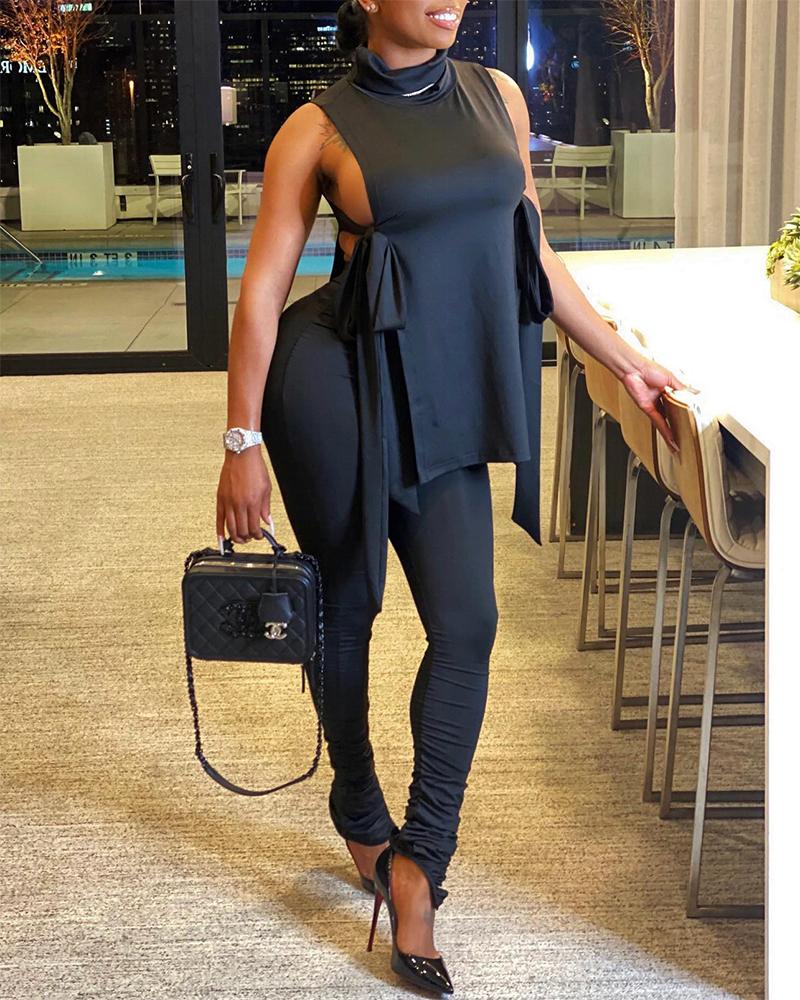 

High Neck Side Slit Tied Detail Top & Ruched Pants Set, Black