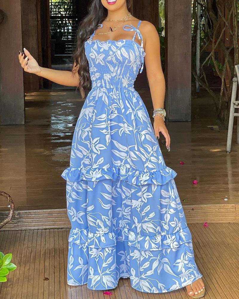 

Floral Print Shirred Ruffle Hem Maxi Dress, Blue