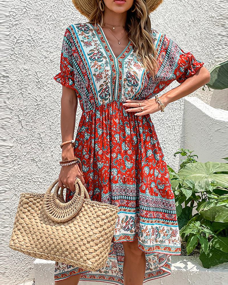 

High Low Hem Retro Paisley Print Dress, Red