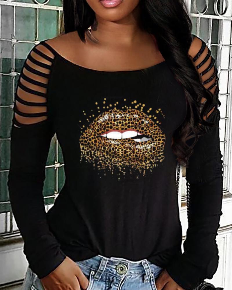 

Leopard Lip Print Cold Shoulder Top, Black