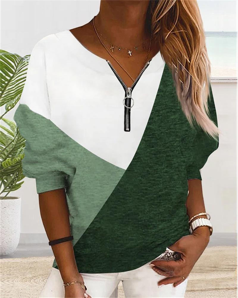 

Colorblock Zip Front Long Sleeve Casual Top, Green