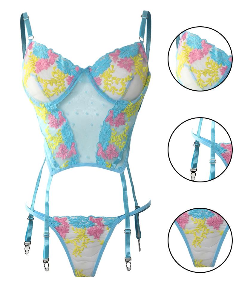 

Floral Embroidery Dobby Sheer Mesh Garter Lingerie Set, Multicolor