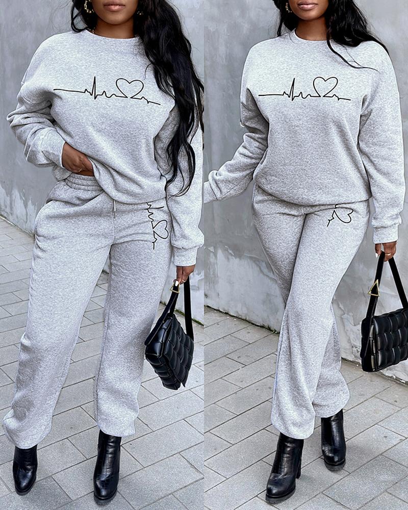 

Light Fabric Heart Print Long Sleeve Top & Pants Set, Gray