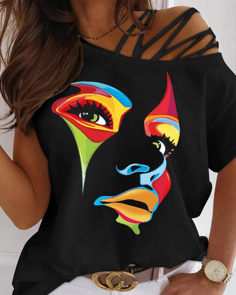 

Abstract Figure Print Cold Shoulder Top, Black