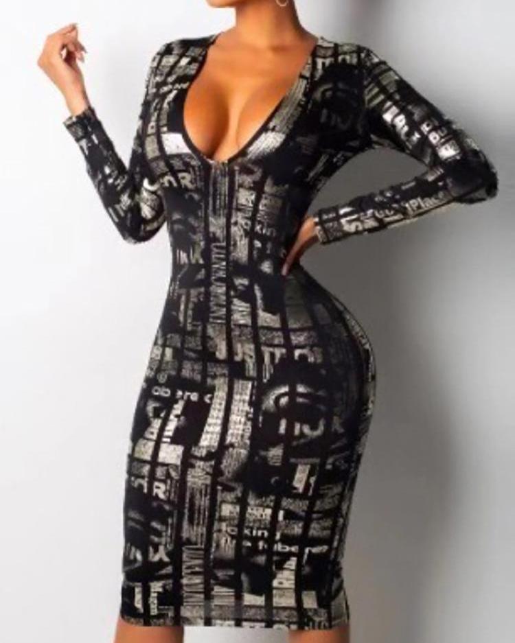 

Low Cut Print Long Sleeve Bodycon Dress, Black