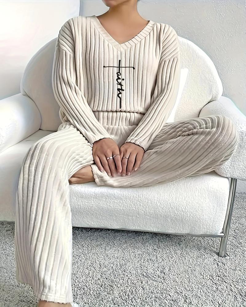 

Conjunto de 2 peças de calças plus size com estampa de letras, decote em V canelado, manga comprida, roupa de dormir, outono e inverno, Apricot