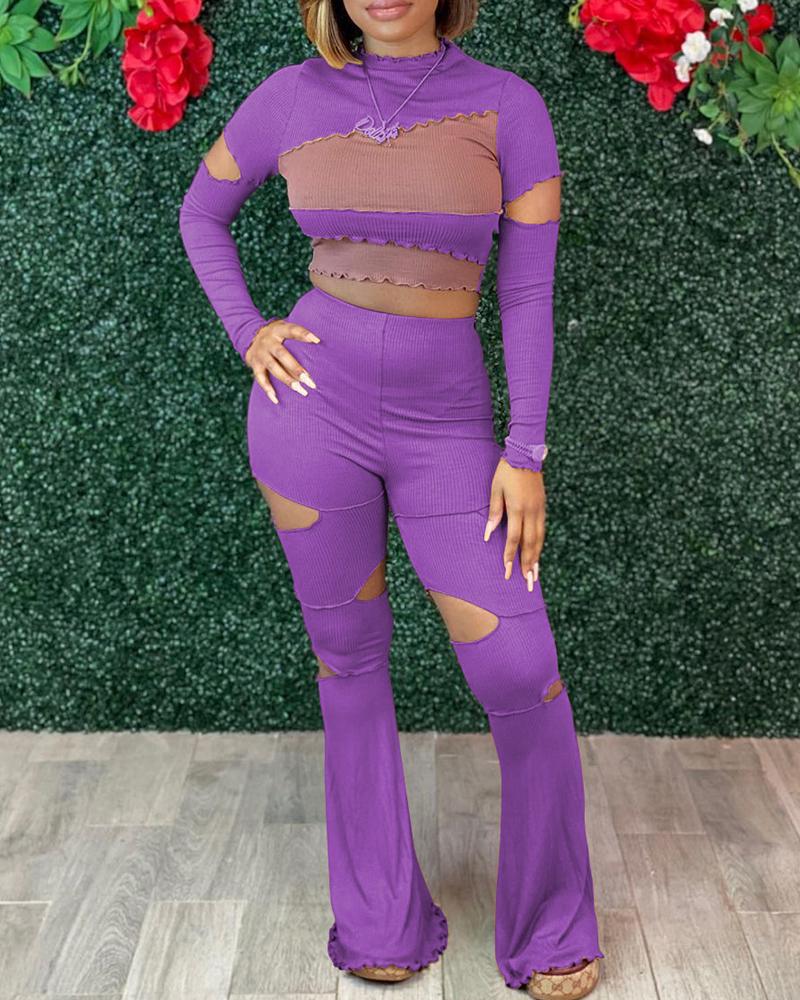 

Colorblock Frill Hem Cutout Crop Top & Flared Leg Pants Set, Purple