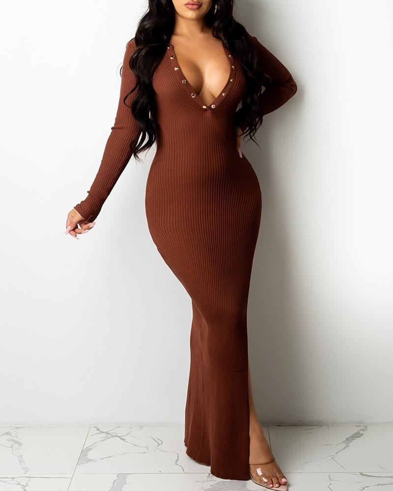 

Ribbed Backless Button Design High Slit Maxi Dress, Coffee