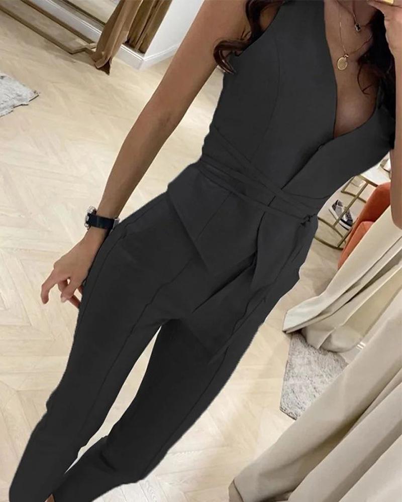 

Plain Blazer Vest & Work Pants Set, Black