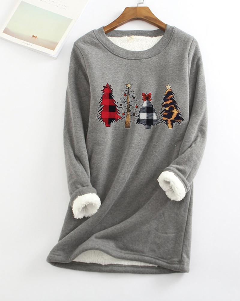 

Christmas Tree Print Thermal Warm Fleece Lined Sweatshirt, Dark grey