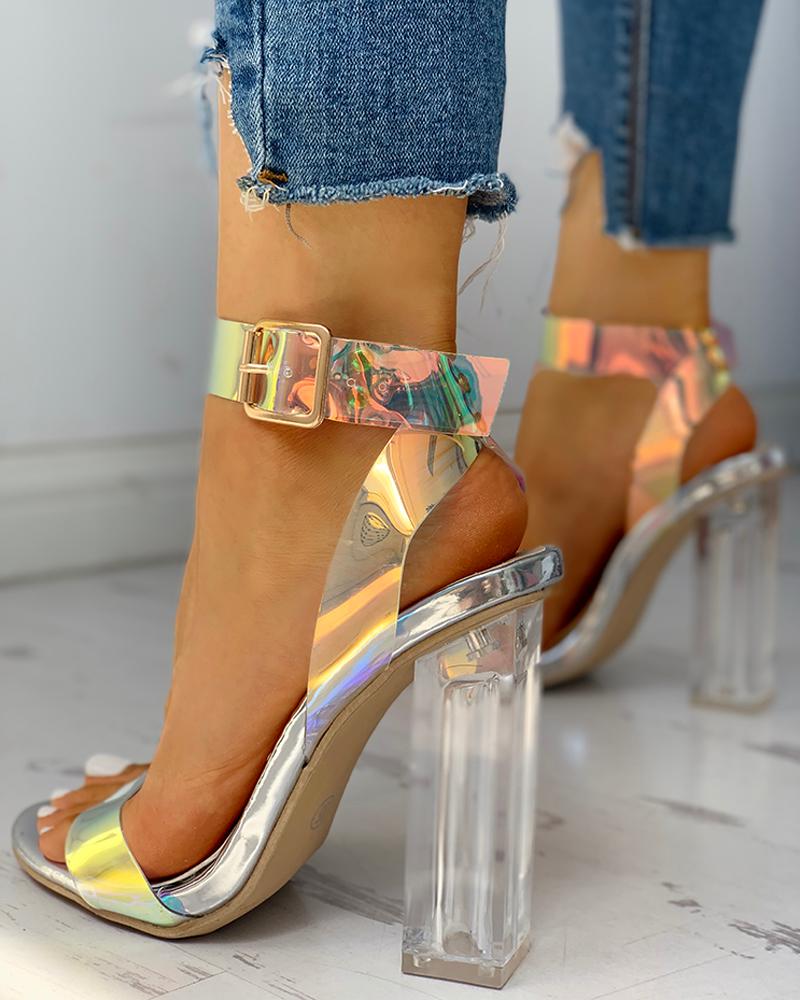 

Ankle Buckled Transparent Chunky Heeled Sandals, Multicolor