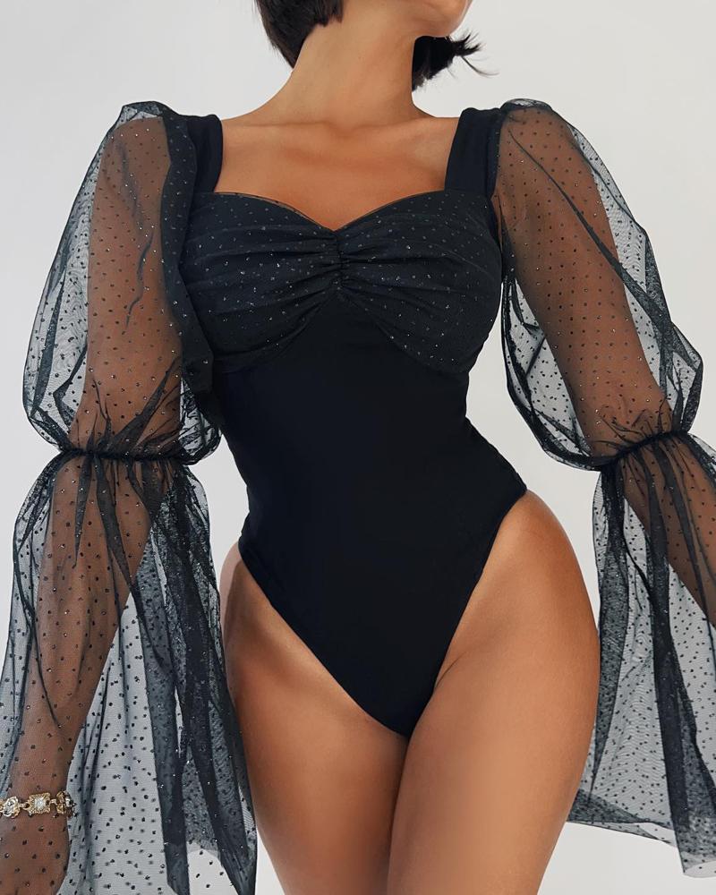 

Glitter Sheer Mesh Bell Sleeve Bodysuit, Black