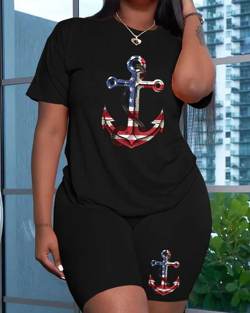 

Independence Day Flag Anchor Print Casual Top & Shorts Set, Black