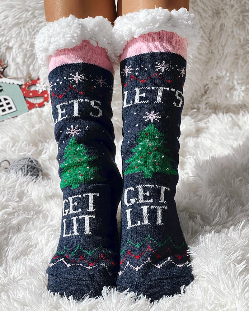 

1Pair Christmas Reindeer Snowflake Thermal Fleece Lined Crew Socks, Pink