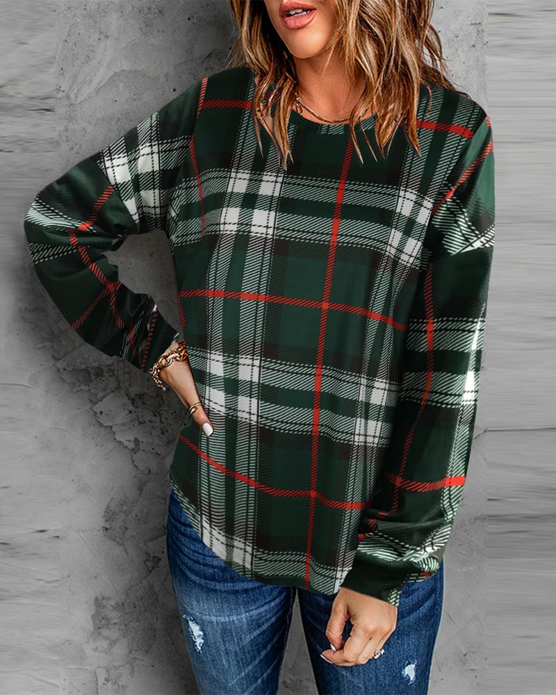 

Plaid Print Long Sleeve Casual Top, Green