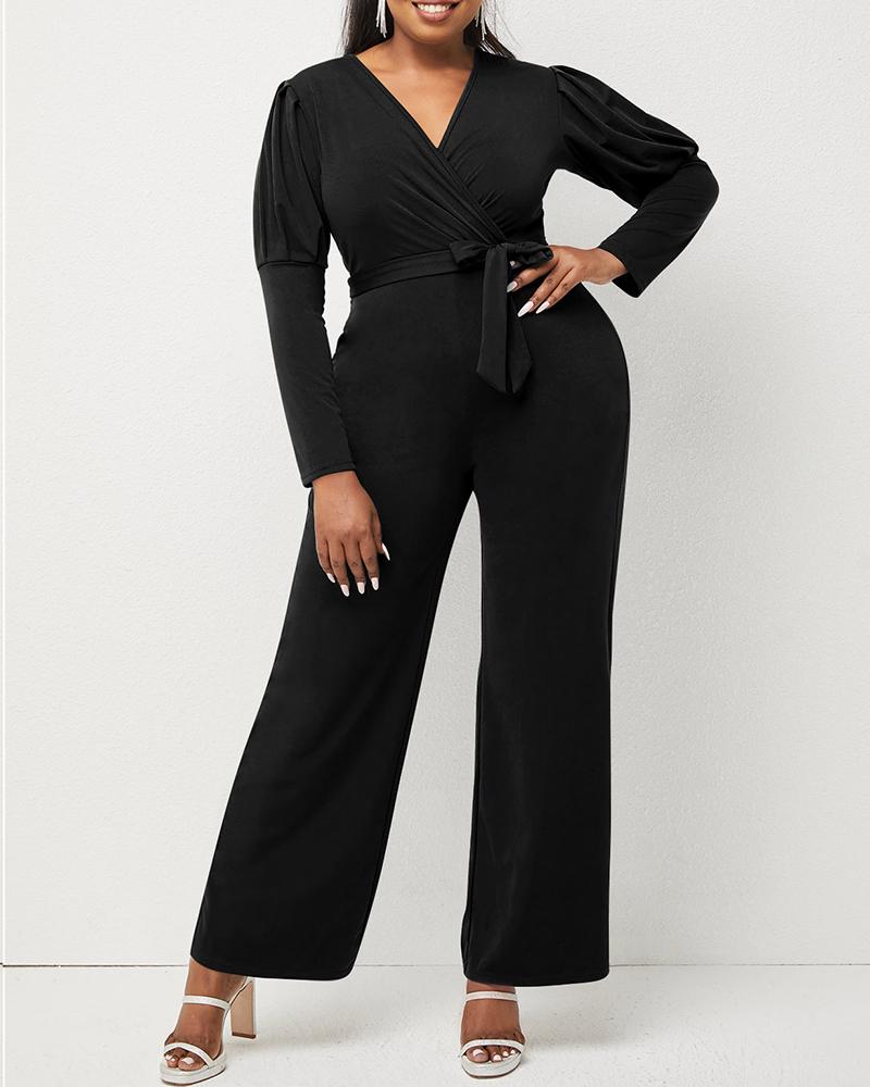 

Puff Sleeve Tied Detail Wide Leg Jumpsuit, Black