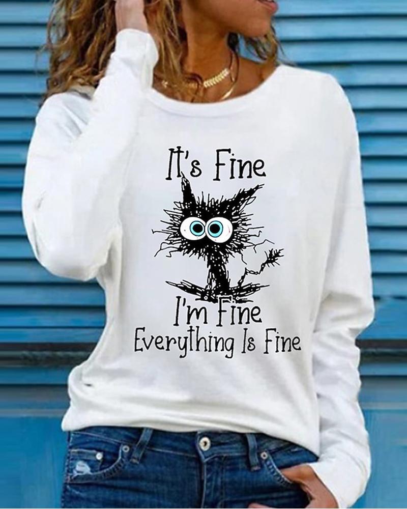 

Cat Letter Print Long Sleeve Top, White