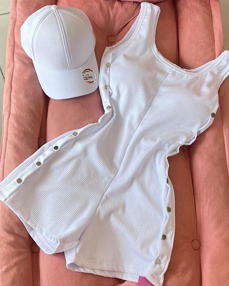 

Macacão básico com decote em U, sem mangas, slim fit, alça grossa, lateral, botão de metal, White