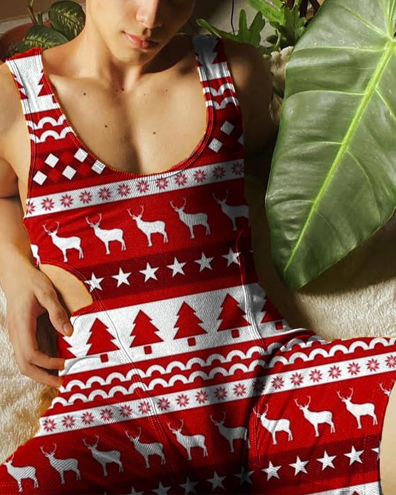 

Christmas Patterns Sleeveless Skinny Cut-out Romper, Red