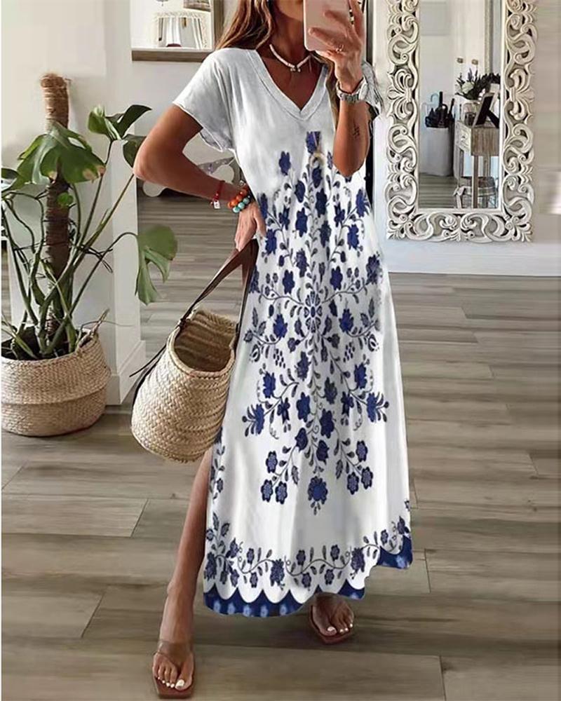 

Tribal Floral Print Split Hem Maxi Dress, White