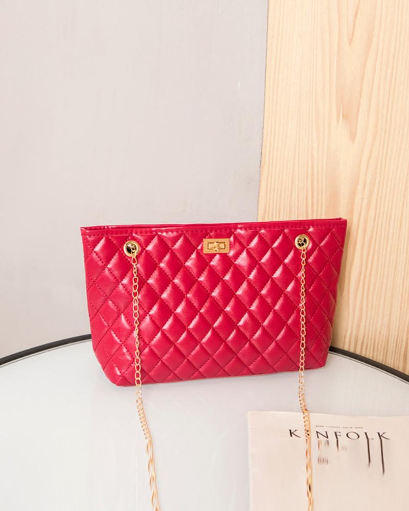 

Quilted Twist Lock Chain Tote Bag, Red