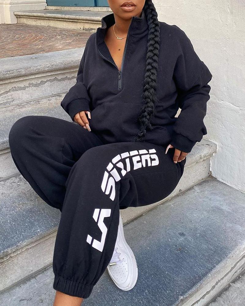 

Zipper Design Long Sleeve Top & Letter Print Pants Set, Black