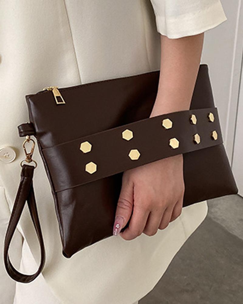 

Studded Zipper Design Clutch Bag, Brown