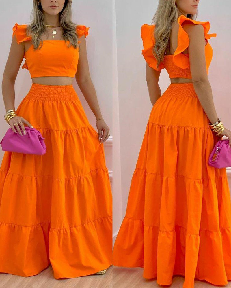 

Shirred Crop Top & Maxi Skirt Set, Orange