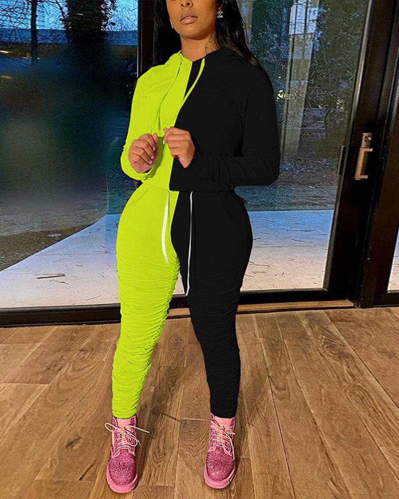 

Colorblock Long Sleeve Drawstring Hoodie & Ruched Pants Set, Black