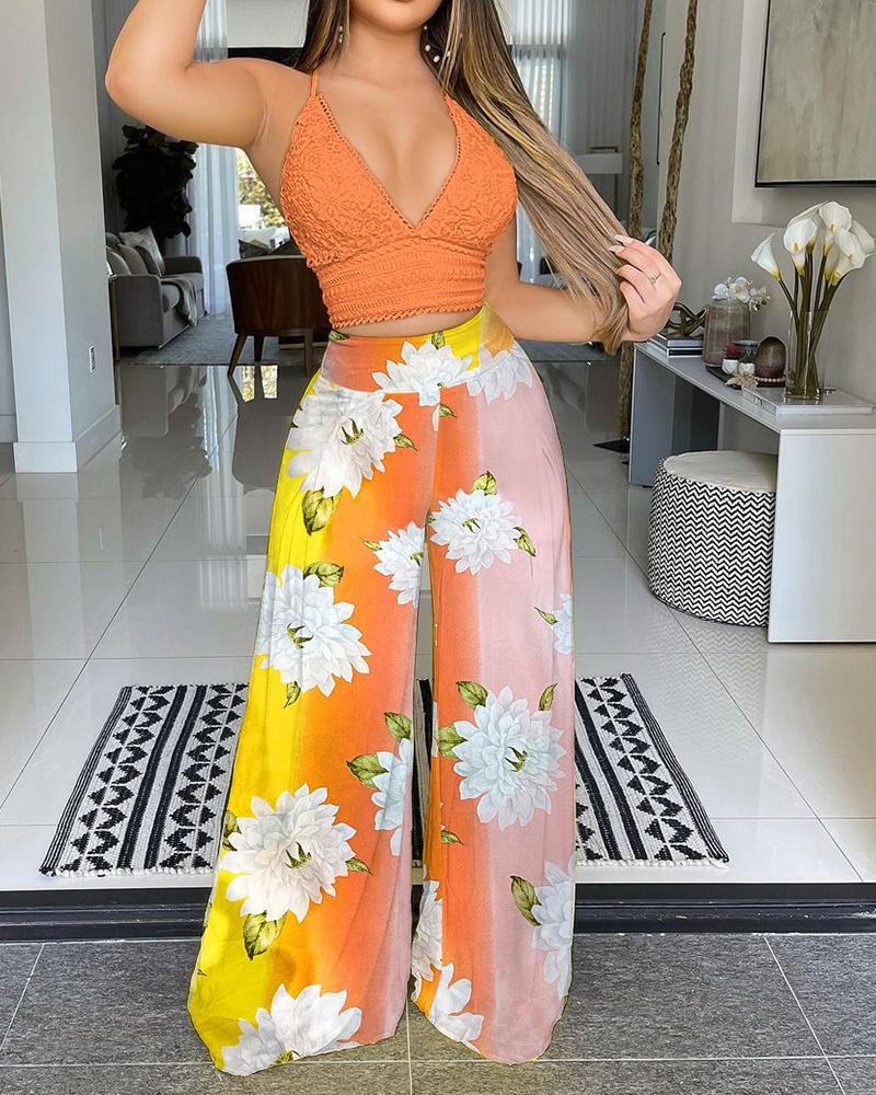 

Crochet Lace Crop Top & Floral Print Wide Leg Pants Set, Orange