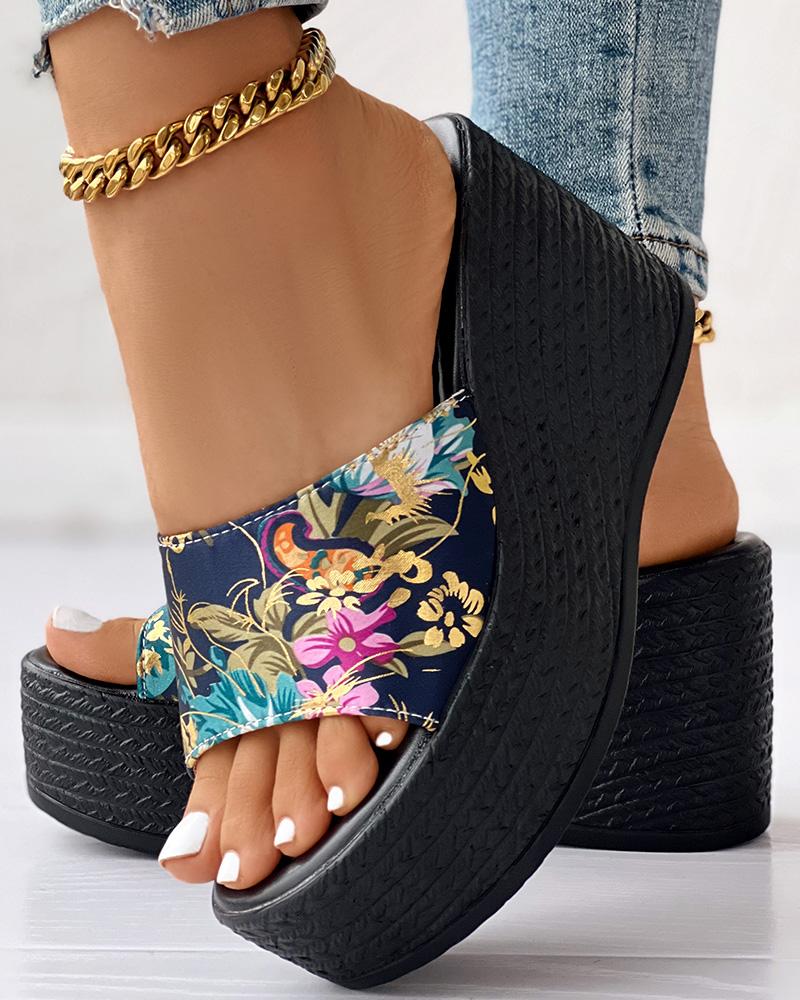 

Floral Print Peep Toe Platform Wedge Sandals, Blue