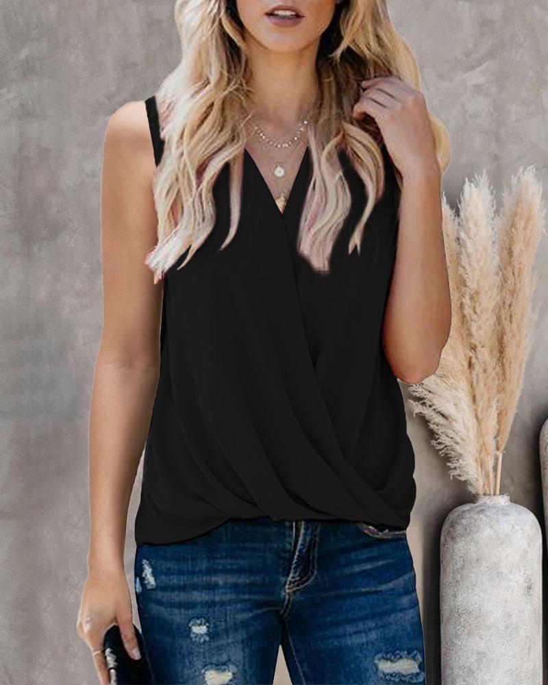 

V-Neck Draped Wrap Tank Top, Black