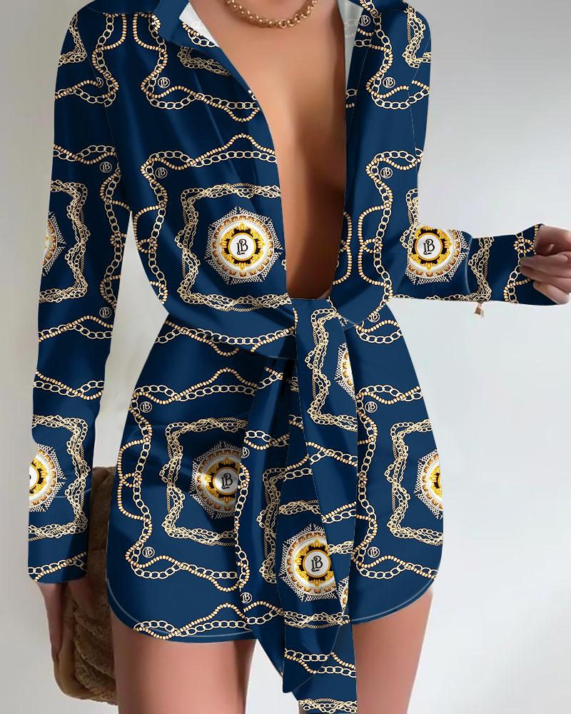 

Chain Baroque Print Tied Detail Long Sleeve Shirt Dress, Blue