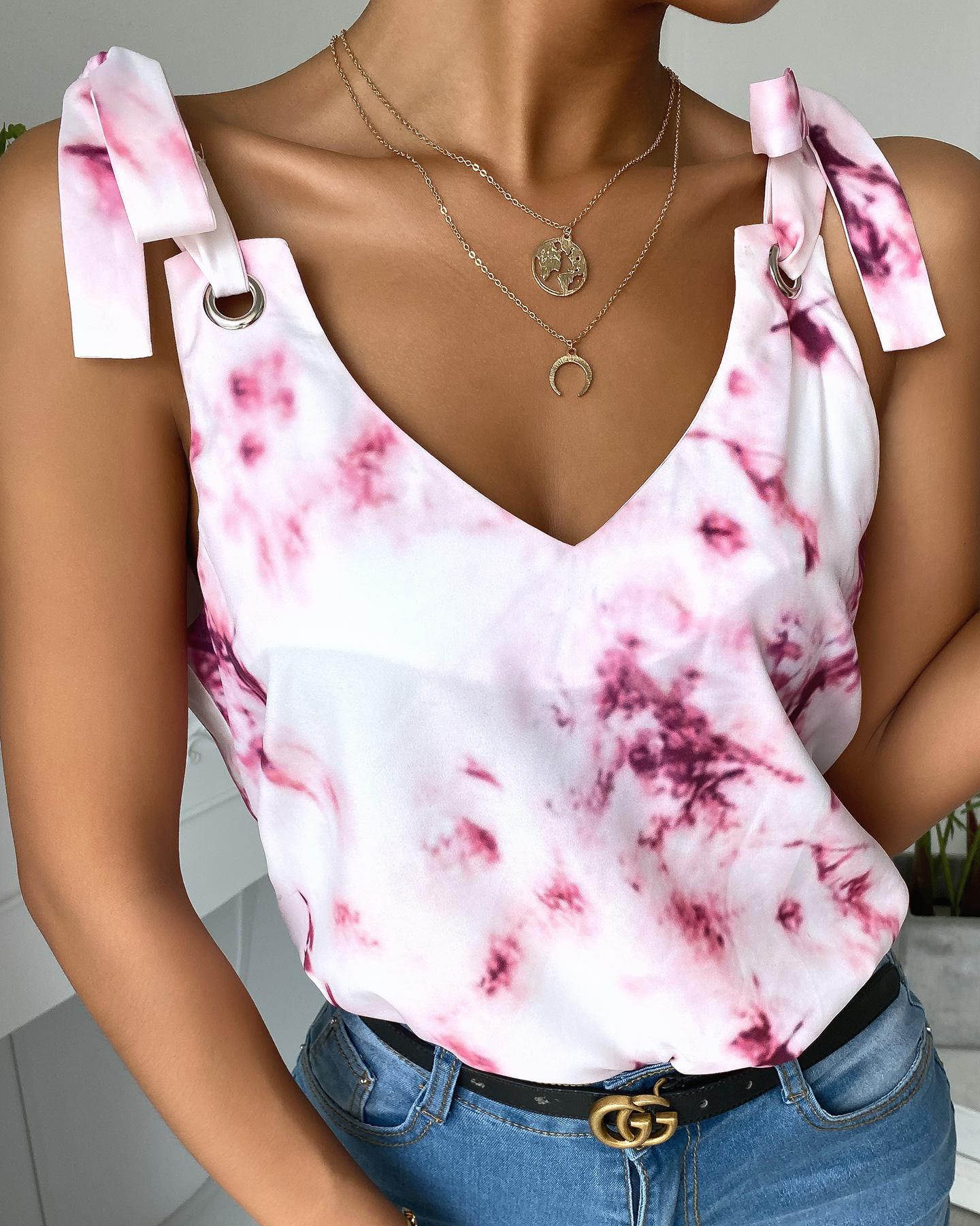 

Tie Dye Print V-neck Eyelet Design Top, Light pink