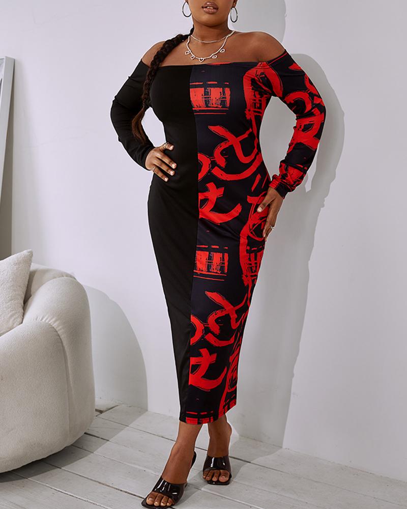 

Plus Size Colorblock Off Shoulder Long Sleeve Maxi Dress, Red