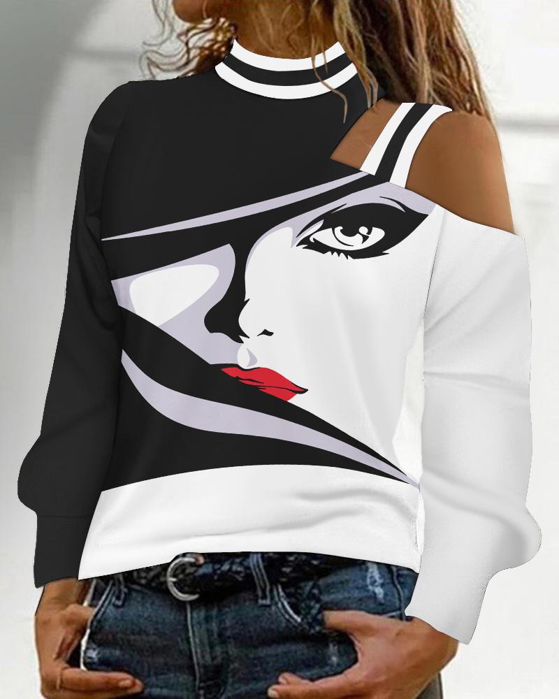 

Abstract Figure Print Cold Shoulder Top, White