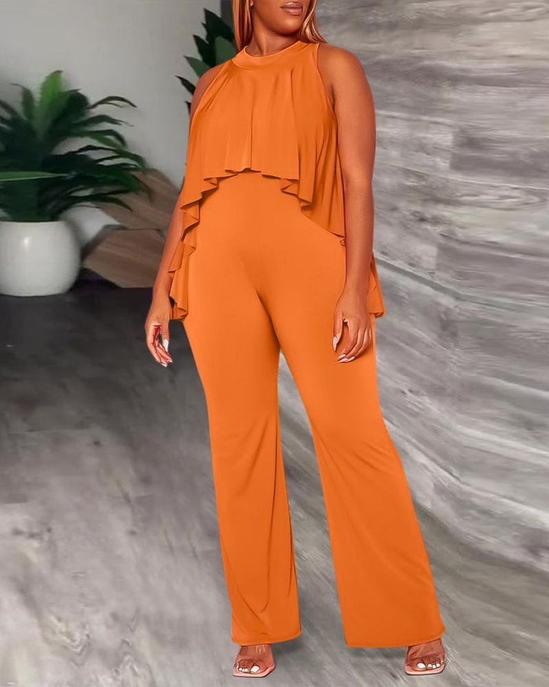 

O-Neck Ruffles Wide Leg Jumpsuits, Orange