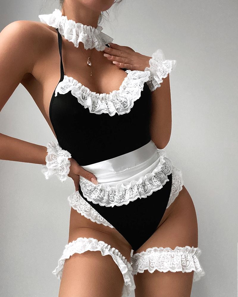 

Contrast Lace Halter Backless Maid Costume Set, Black