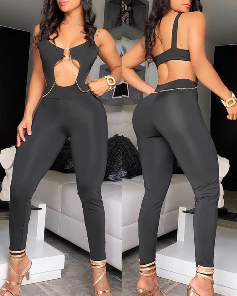 

Chain Decor O-Ring Cutout Backless Jumpsuit, Black
