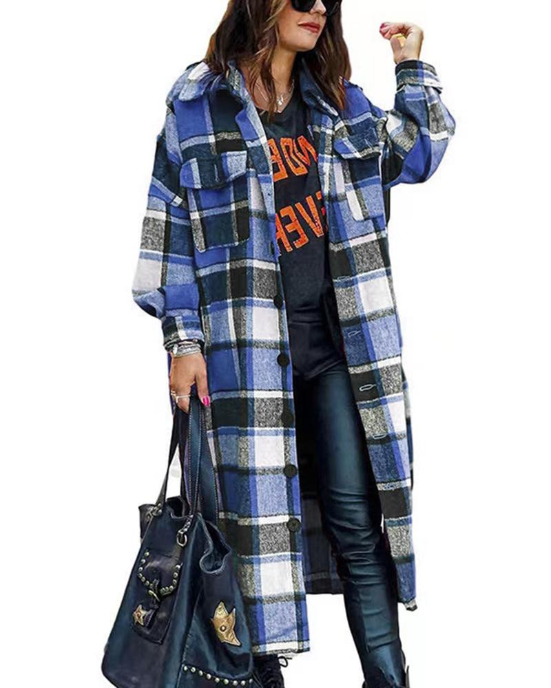 

Plaid Print Lantern Sleeve Longline Shacket, Blue