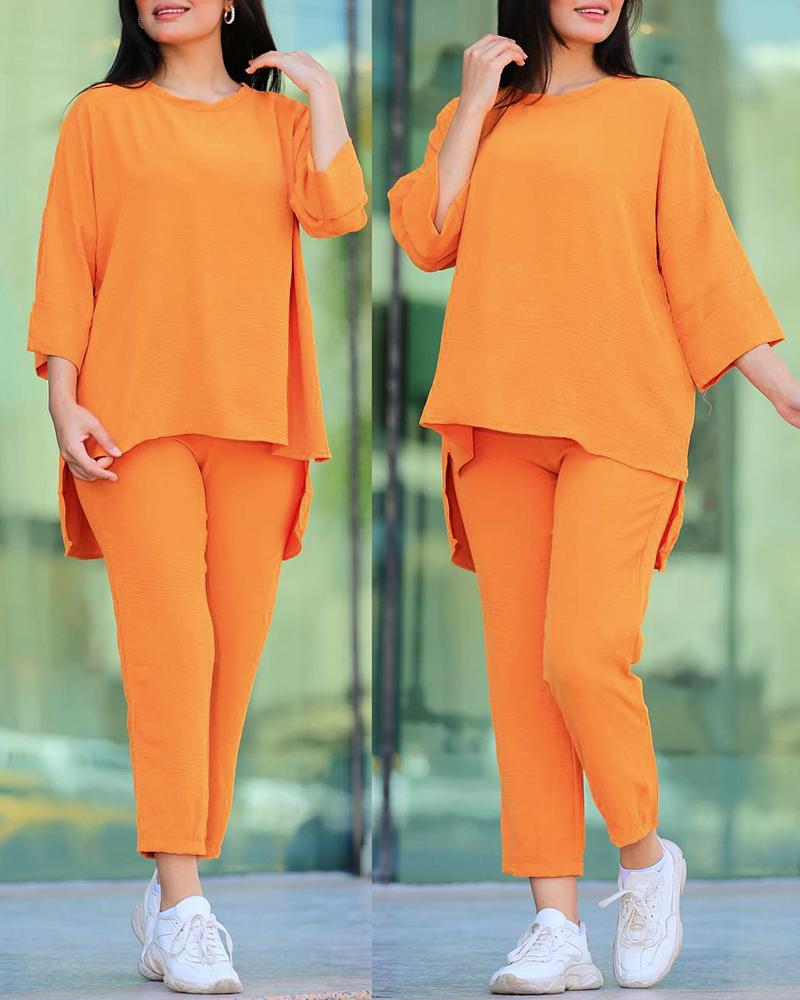 

Round Neck Slit Top & High Waist Pants Set, Yellow