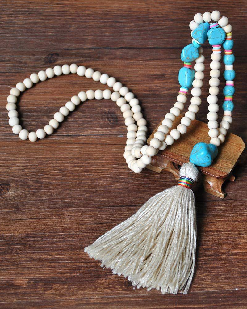 

1pc Turquoise Beaded Tassel Design Pendant Necklace, Beige